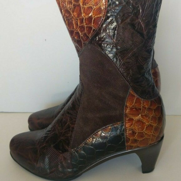 Helle Laine Womens Heels Brown Croc Patch Suede Leather Boots US 8.5-9 M EUR 39 - Picture 3 of 11